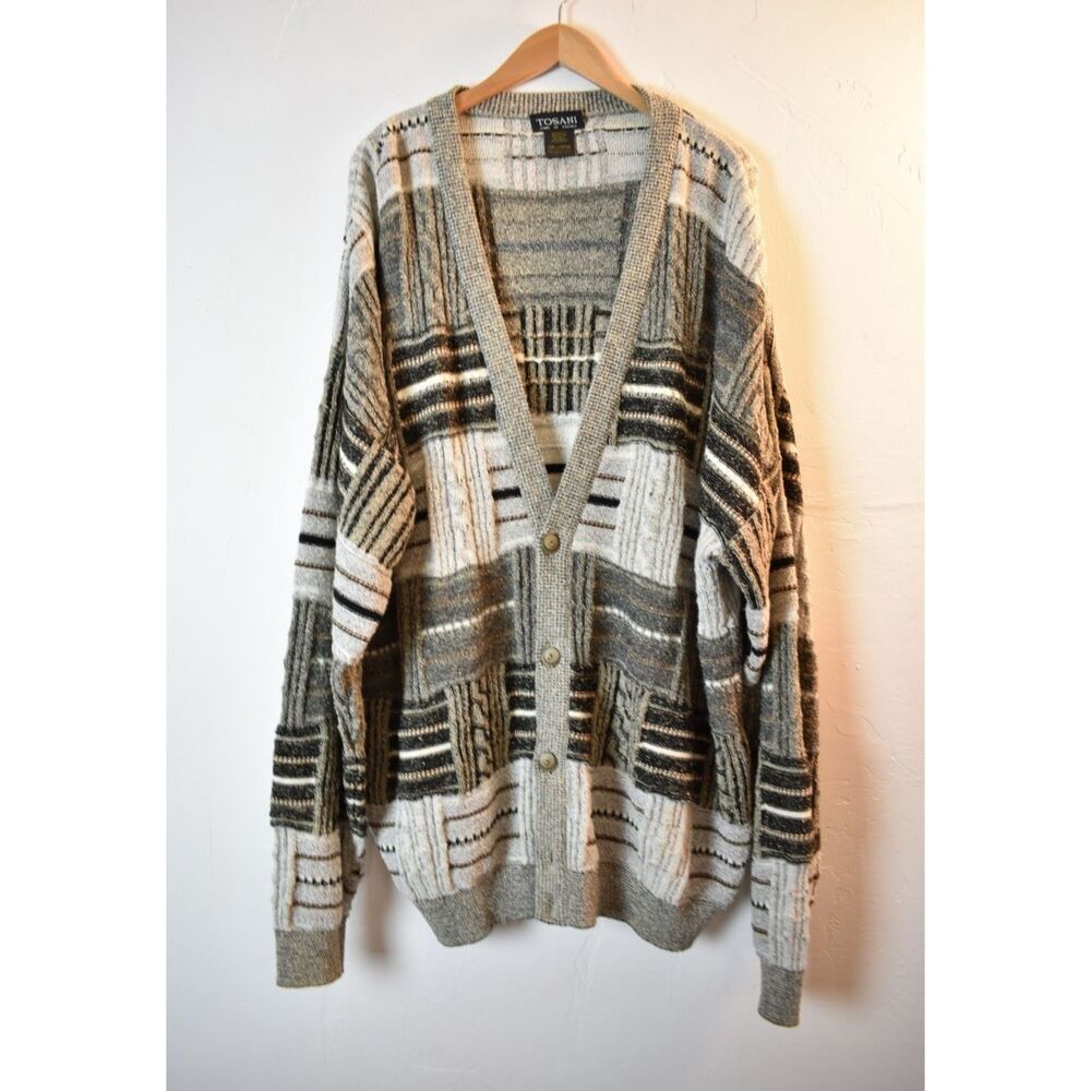 Vintage Tosani Eclectic Grandpa Textured Knit Cardigan Men’s Sweater, 3XL